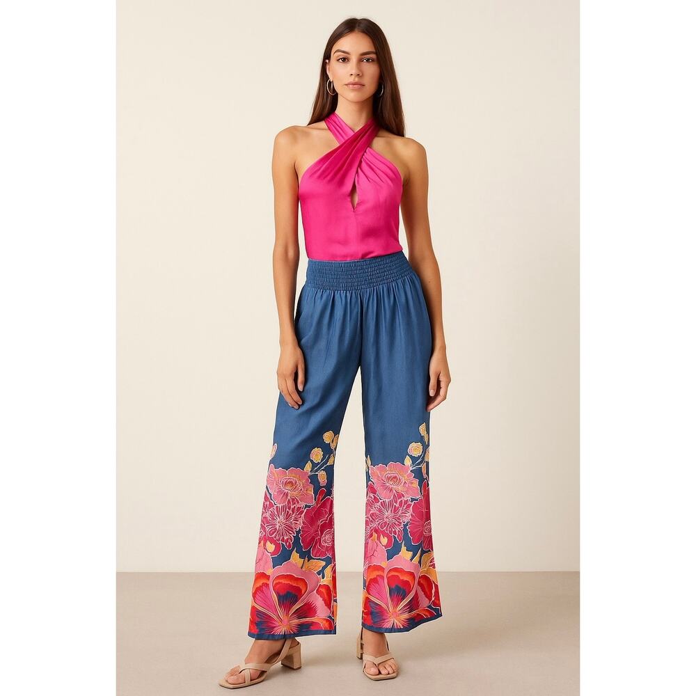 Anthropologie Pinkerton Silk Wide Leg Pants Blue Pink Floral Boho renaissance XS